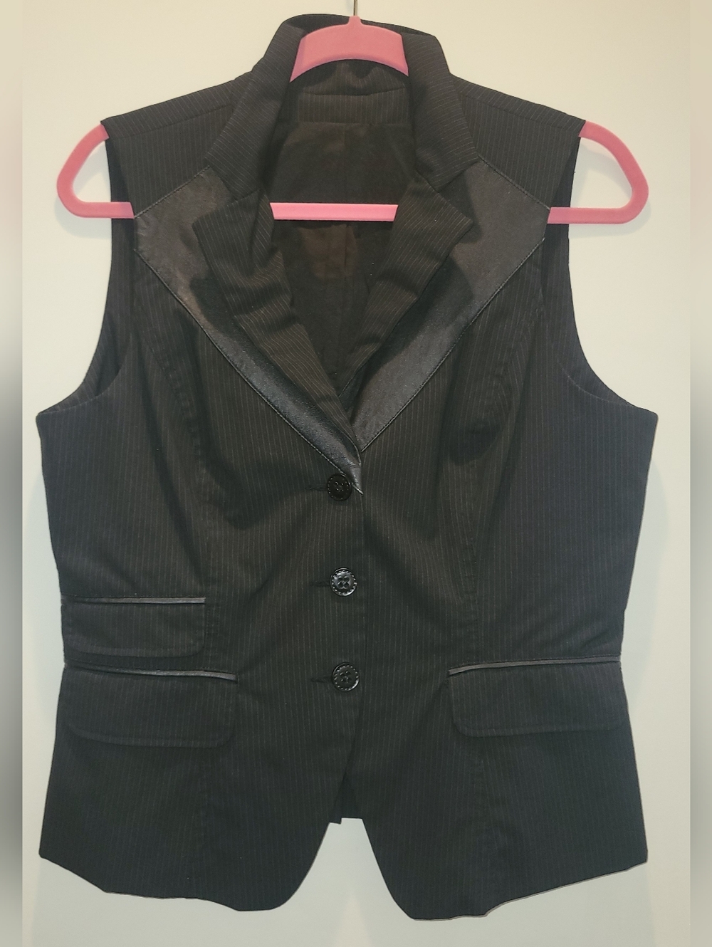 Black Pinstripe Leather Trim Collar Pleated Vest Top Lace